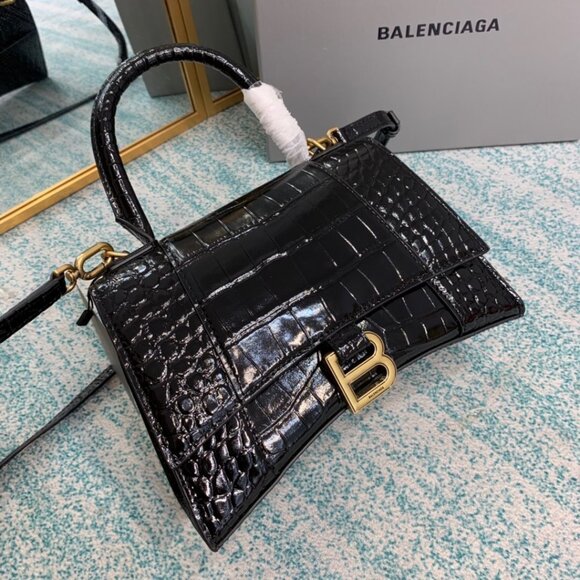 Balenciaga WOMEN'S HOURGLASS SMALL HANDBAG CROCODILE EMBOSSED IN BLACK - Picture 1 of 9